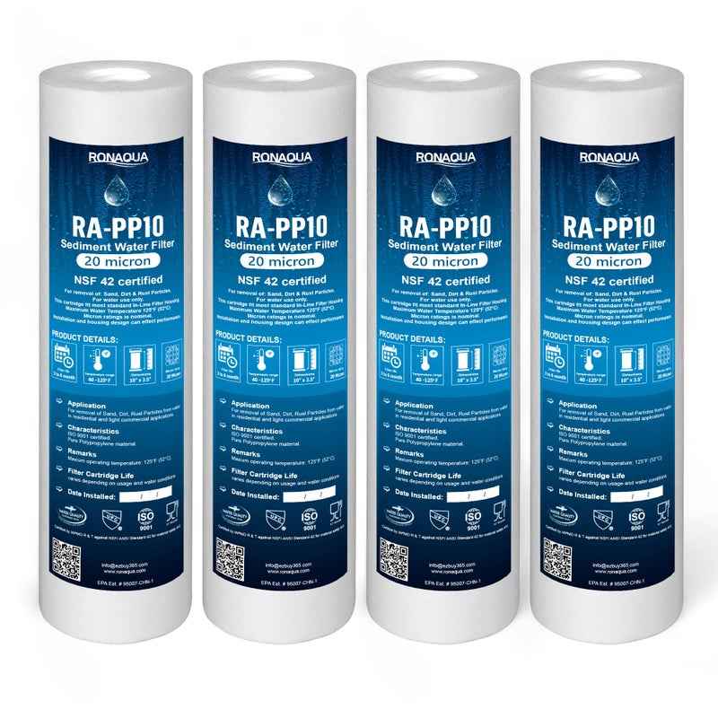 Ronaqua 20 Micron Sediment Water Filter Cartridge 10"x2.5", NSF Certified, 4-Layer Filtration for any 10-inch RO Units & Whole House Systems, Compatible with Culligan P5, AP110, WHKF-GD05, 4 Pack - Image 2